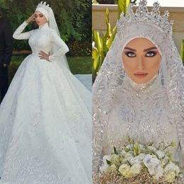 Shiny Sequins Muslim Wedding Dresses with Hijab Long Sleeves Beading Plus Size Bridal Gowns Arabic Luxury Robes De Mariee 2024