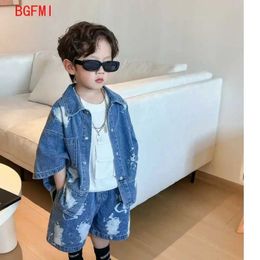 Clothing Sets 2024 baby solid denim short sleeved set boys and girls denim shirt and shorts two-piece simple casual sportswear 2PCS WX