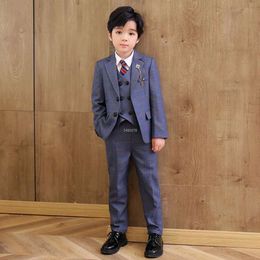 Formal Wedding Kids Plaid Jacket Vest Pants Photograph Dress Boys Birthday Tuxedo Suit Children Graduation Costume