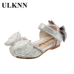 Ulknn Kid's Pink Bow Girl's Sier Flats Child Bowknot Rhinestone Princess Girls Shoes Size 21-36 Dance Shoe L2405 L2405