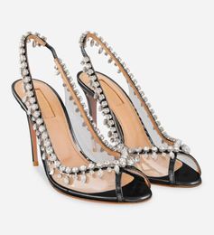 New Luxury Aquazzurs Temptation Designer Womens Sandals Shoes Crystal Crystal-embellished Satin & PVC High Heels Sandal Shoe Black Pink Slingback Lady Elegant Pumps