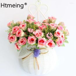 Decorative Flowers Artificial Flower Set Plastic Vase With Silk Hanging Basket Rattan Container For Home Party Wedding DIY Decoration