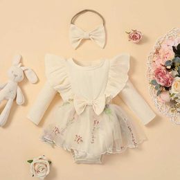 Girl's Dresses 0-18M Newborn Baby Girl Rompers Dress Rib Knit Butterfly Flower Embroidery Skirt Hem Jumpsuits Infant Bodysuits with Headbands