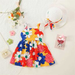 Girl's Dresses 0-3 Year Old Baby GirlS Dress 2 Pieces/Set As A Gift Hat New Style Back Bow Coloured Large Flower Suspender Daily Casual Dress