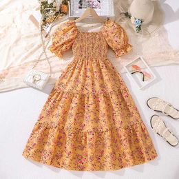 Girl's Dresses Summer Dress For 8-12 Years Kids Girls Puffy Sleeves Yellow Floral Skirt Long dress Elegant Princess Birthday Party Daily Dress