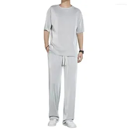 Men's Tracksuits Men Sports Suit Summer Casual Outfit Set O-neck Short Sleeve T-shirt With Elastic Drawstring Waist Wide Leg Pants Solid