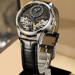 AILANG 8822 Brand Men Automatic mechanical Watches double tourbillon leather Waterproof Steampunk Watches Mens Skeleton Clock