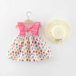 Girl's Dresses Summer New Girl Dress Tropical Beach Vacation Style Strberry Print Princess Dress Comes with Sun Hat for ages 0-3