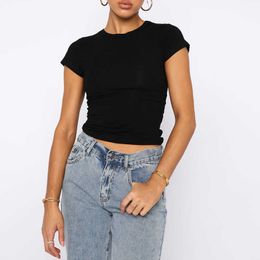 2024 Summer solid color woment t-shirt fashion short sleeve casual cropped tee tight crop top for women