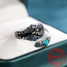 Cluster Rings Cute Female Turquoise Stone Bee Open Adjustable Ring Vintage Real 925 Sterling Silver Wedding Jewellery For Women