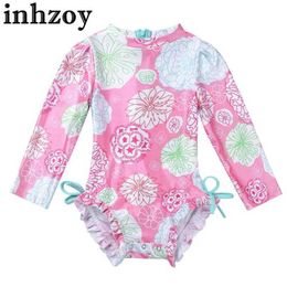 One-Pieces Infant Baby Girls One-piece Swimwear Long Sleeve Floral Printed Back Zipper Ruffled Bathing Suit Rash Guard Swimming CostumeL2405