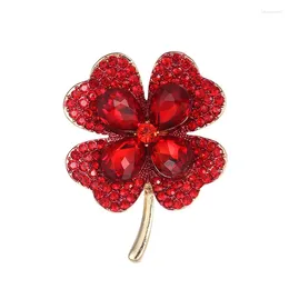 Brooches Rhinestone Green Clover Brooch Pin For Women Girl Vintage Crystal Flower Lucky Dress Accessories Holiday Christmas Gift