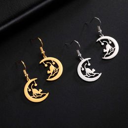 Cute Cat Drop Stainless Steel Trend Crescent Moon Star Baby Kitten Dangle Earrings Fashion Jewellery Birthday Gift