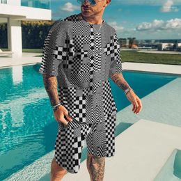 Men's Tracksuits Summer Striped Square 3D Print T-Shirts Shorts Sets Oversized Short Sleeve T Shirt Pants Set Man Suits Clothing