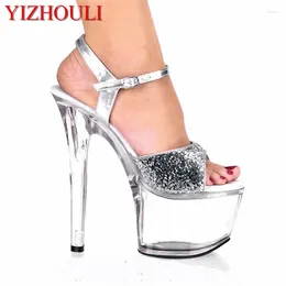 Dance Shoes 7 Inch High-Heeled Wedding Silver Glitter Crystal 17cm Ultra High Heels Bridal Bridesmaid