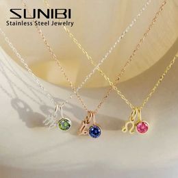 Pendant Necklaces Sunibi stainless steel birthstone 12 zodiac double pendant necklace for women 12 zodiac birth gifts DIY Jewellery wholesale J240513