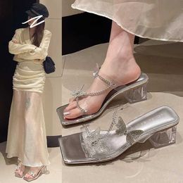 Slippers Shoes for Womens Designer Slides Butterfly Heels Sweet Sexy Transparent Sandals Woman Elegant Medium Heel Chunky New In H240516