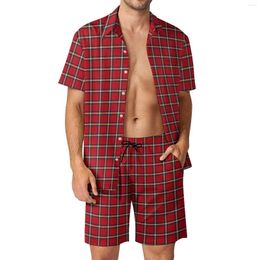 Men's Tracksuits Red Plaid Beachwear Men Sets Vintage Check Casual Shirt Set Summer Graphic Shorts Two-piece Trendy Suit Plus Size
