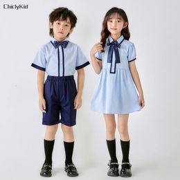 Boys Summer School Uniform Shirt Shorts Girls British Sailor Collar Dress Kids Kindergarten Clothes Sets Child Students Outfits 240516
