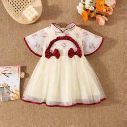 Girl's Dresses Summer New Girl Baby Dress With Flower Print Chinese Style Flowing Su Bow Fold Birthday Party First Year Dress