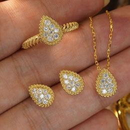 Xiy 2024 Design Inspired Yellow Gold Water Drop Shape Diamond Necklace Earring And Ring Wedding Jewelry Set