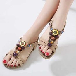 Sandals 2024 New Ethnic Style Women Bohemian String Bead Rhinestone Flats Size 35-42 Sandalias De Verano Para Mujer 128 H240516