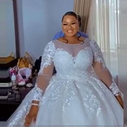Plus -storlek bröllopsklänningar paljetter spetsapplikationer långa ärmar brudklänning för afrikanska kvinnor skräddarsydda