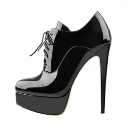 Boots Women Black Platform Ankle High Heels Lace Up Patent Leather Stiletto Sexy Lady Fashion Booties