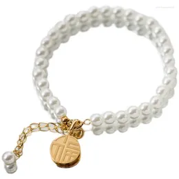 Charm Bracelets Stainless Steel Pearl For Women Gold Color Chinese Character Fu Bracelet Girls Lucky Friendship Jewelry Gifts