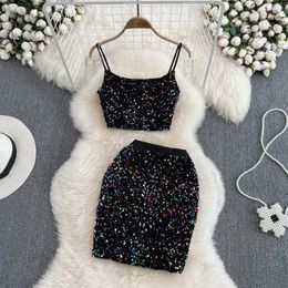 Work Dresses Fashionable Suit For Girls Camisole Two-piece Set High-waisted Sequined Skirt Hip-covering One-step Short