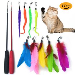 Funny Cat Interactive Toys Feather Teaser Stick Retractable Three Section Fishing Rod Colourful Plush With Bells Pet Supplies 240516