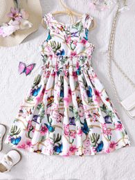 Girl's Dresses Girls Summer New Product Fake Flower Butterfly Print Dress Sweet And Cute Sleeveless Waist Style Dress