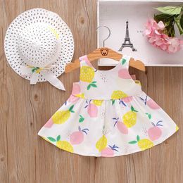 Girl's Dresses Summer New Girl Baby Dress With Flower And Fruit Print Hat Bow Hanging Strap Off Back Sweet Princess Dress Birthday Party Dress