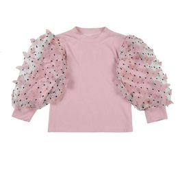 Camisetas de mangas de bolhas de blusa para crianças para crianças de mangas compridas Tops Tops Lace 3D Pattern Roupfits Roupas 1 a 8 anos L2405
