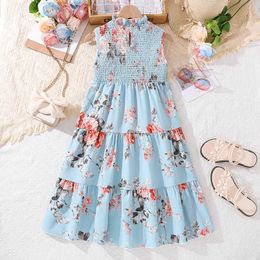 Girl's Dresses Summer Dress For Girls Baby Blue Print Sleeveless Ruffled Dress Elegant Casual Style Birthday Party Daily Holiday Clothes 8-12Y