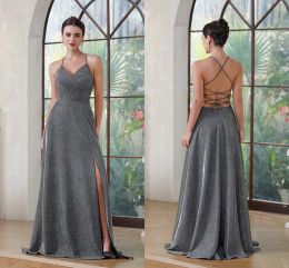Real Pictures Evening Dresses Reflective Silver Grey Side Split With Pocket Sequined V Neck Criss Cross Backless A Line Party Gowns Prom Dress Custom Made BM3218