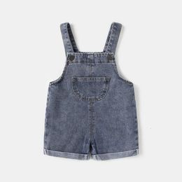 Summer Cool Denim Blue Children Baby Boys Girls Clothes Overalls Roll Hem Design Kids Baby shorts Jumpsuits 240516
