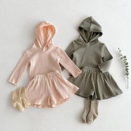 Clothing Sets Children's 2024 Girls Solid Color Striped Long Sleeved Set Hooded Hoodie Wide Leg Shorts Casual Two-p