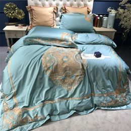 Bedding Sets Light Blue Luxury Classical Golden Embroidery 120S Egyptian Cotton Set Duvet Cover Bed Linen Sheet Pillowcases 4pcs