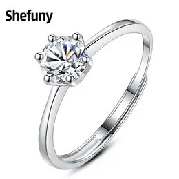 Cluster Rings 925 Sterling Silver Heart Hollow Adjustable Finger Ring Six Cubic Zircon Open Size For Women Fine Jewelry Wedding