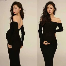 Maternity Dresses Sepzay Sexy Maternity Dresses for Photo Shoot Full Sleeve Backless Pregnancy Clothes Photography Props Knitted Long Dress Y240516
