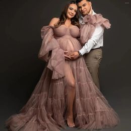 Party Dresses Illusion Prom Off Shoulder Long Tulle Sleeves Pregnancy Dress For Poshoot Front Slit Maternity Robes Pos
