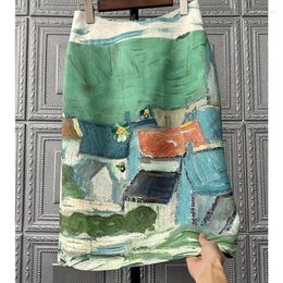 Skirts French Elegant Retro Art Oil Painting Print Wrap Hip A-line Flower Half For Women Summer High Waist Mid Length Skirt