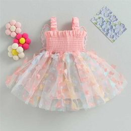 Girl's Dresses Summer Girls New Dress Sweet Sling Waist Wrapped Colorful Butterfly Mesh Back Big Wings Princess Dress