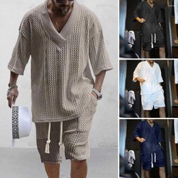 Men's Tracksuits Breathable Men Fitness Outfit Summer Sport Suit With V-neck T-shirt Wide Leg Shorts Set Elastic Drawstring For Casual