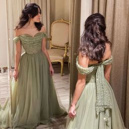 Sage Off the Shoulder Evening Dresses Beaded Top A Line Formal Gown Tulle Skirt Arabic Ladies Prom Dress 2022 0516