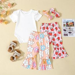 Clothing Sets 3-Piece Baby Girls Set Adorable Ruffles Short Sleeve Round Neck Romper Flower Strawberry Print Trousers Hair Band Outfits