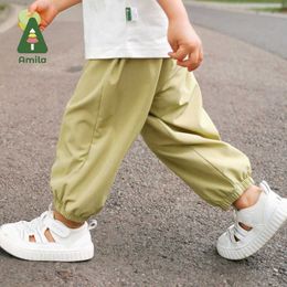 Trousers Amila 2024 Summer New Boys and Girls Bottoms Solid Color Bunches Light Breathable Simple Casual Pants Kids Pants 0-6YL2405