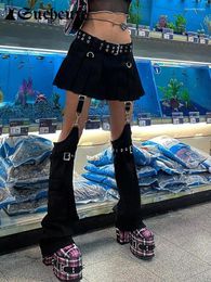 Skirts SUCHCUTE Gothic Women Mini Pleated With Trouser Leg Punk Style Low Waist Belt Skirt Clothes Chic Dark Academic Streetwear