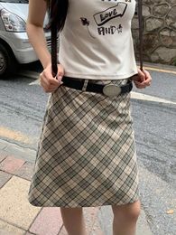 Skirts Vintage Plaid Midi Skirt Women Fashion 90s Aesthetic High Waist Knee-length A-line Tube Y2k Korean Streetwear